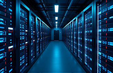 Fototapeta premium sleek data center dusk illuminated soft blue hues rows humming servers tangled fiber optic cables stretching