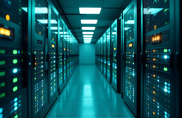sleek futuristic server room glows soft ambiance rows humming servers computer equipment stretching