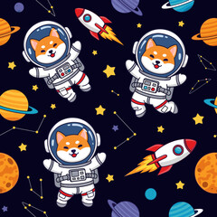 Happy cartoon Shiba Inu astronauts rockets and planets in a vibrant space pattern