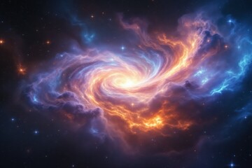 Obraz premium A swirling nebula of vibrant blues and oranges in the vast expanse of space, showcasing intricate patterns and celestial light.