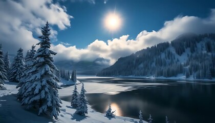 Winter landscape snow trees lake mountains sky clouds sun scenic cold beautiful view
