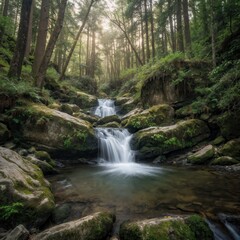 Obraz premium serene forest waterfall cascading through lush greenery in a tranquil setting, nature's beauty captured in stunning detail - AI Generated Digital Art