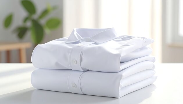 Clean, folded white shirts on table