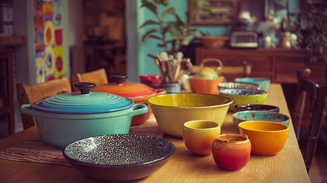 Assortment of vibrant ceramic bowls, cups, and cast iron dutch ovens displaying modern rustic kitchenware, inviting a comfortable and homely feeling for cooking and enjoying food