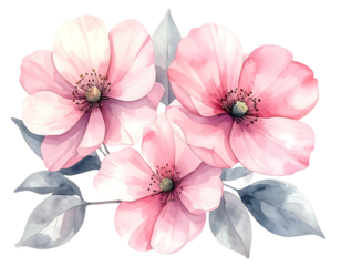 Delicate watercolor painting of three pale pink blossoms with grey-green leaves, exhibiting soft, blended hues and a romantic aesthetic
