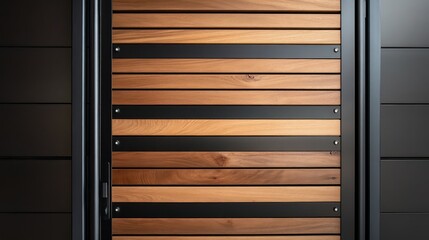 Fototapeta premium Modern wood and metal gate featuring horizontal slats and a sleek black steel frame