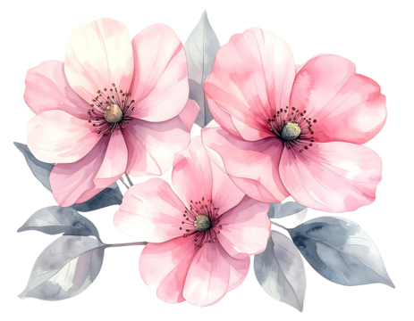 Delicate watercolor painting of three pale pink blossoms with grey-green leaves, exhibiting soft, blended hues and a romantic aesthetic