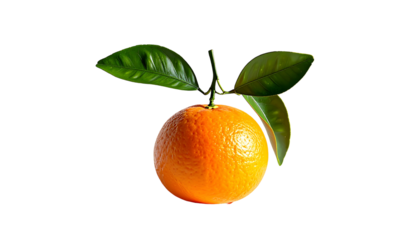 A vibrant orange, glistening, sits atop a stem with three lush green leaves against a stark black backdrop