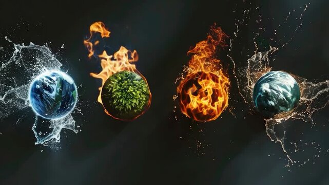 Image shows the four classical elements of nature: fire, water, earth, and air