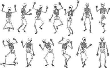 Halloween skeleton vector illustration set with dancing poses, skateboard character, spooky bones, creepy skulls, funny skeleton design, black and white
