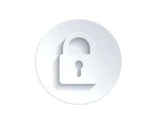 White circle with embossed padlock, subtle shadow, simple design, security concept