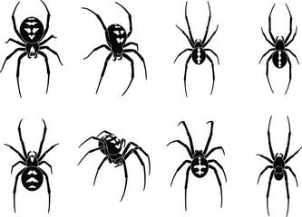 Halloween spider vector illustration set with black silhouettes, unique abdomen markings, creepy arachnid design, scary insect icons, spooky web elements