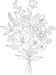 Elegant line art bouquet of assorted flowers for coloring or design