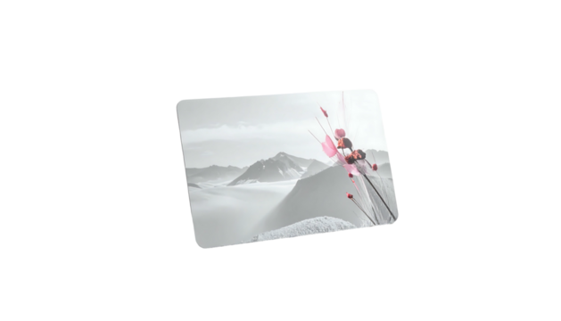 Misty mountain landscape with delicate pink blossoms in the foreground, presented as a tilted square image