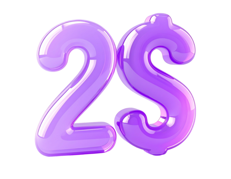 Glossy, lavender-hued, balloon-like numerals "25$" with a slight sheen and gradient effect, suggesting a sale or price