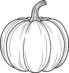 Autumn pumpkin black and white line art vector illustration with detailed stem, ridges, seasonal harvest design, botanical fall vegetable element