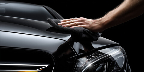 Extreme close-up of a male hand polishing a glossy black luxury car with a soft black cloth. High detail and reflections, ideal for premium automotive advertising. Generative Ai.