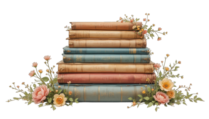 Stack of Vintage Books Decorated with Flowers and Leaves isolated on a transparent background