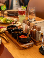 condiment and spices on the restaurant table