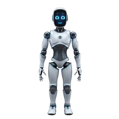 Fototapeta premium Futuristic humanoid robot with glowing blue eyes standing isolated on transparent background