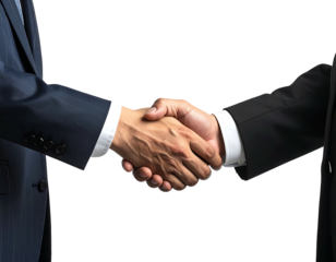 Two men in dark suits shake hands, a firm grip signifying agreement or partnership against a black background