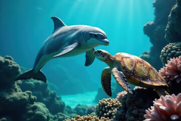Obraz premium Graceful dolphin and ancient turtle share underwater reef habitat , oceanography, symbiosis, natural light
