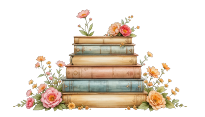 Stack of Vintage Books with Pink and Orange Flowers isolated on a transparent background