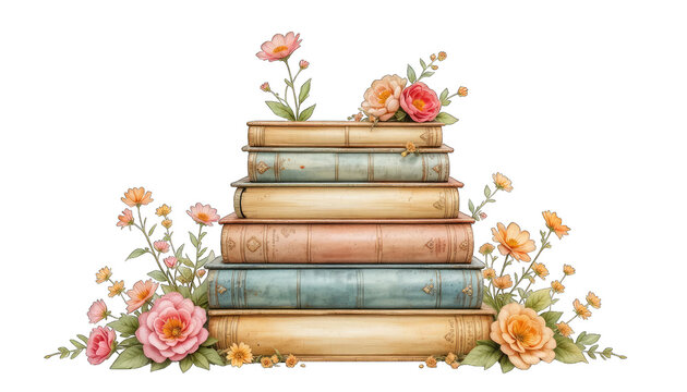 Stack of Vintage Books with Pink and Orange Flowers isolated on a transparent background - Powered by Adobe