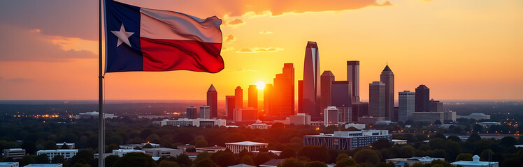 majestic texas flag unfurls vibrant downtown dallas skyline sunset casting warm golden hues sleek skyscrapers sprawling