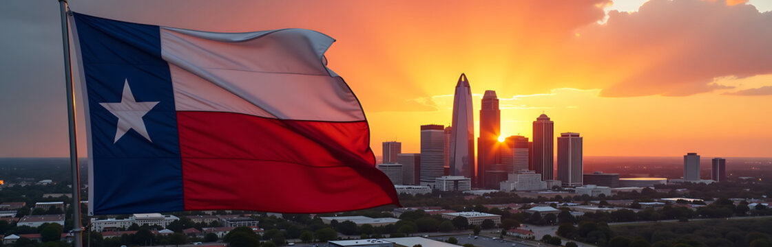 majestic texas flag unfurls vibrant downtown dallas skyline sunset casting warm golden hues sleek skyscrapers sprawling