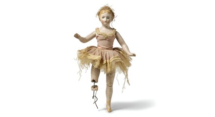 A vintage porcelain ballerina doll with a missing leg, wearing a tattered tutu, standing against a white background