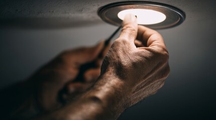A close-up of a male's hand skillfully replacing a lightbulb in a ceiling fixture, showcasing attention to detail.