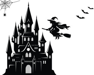 Spooky gothic haunted castle silhouette with witch flying on broomstick, bats, spider web, Halloween night fantasy scene, dark mysterious vector