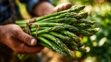 A close-up of hands holding a freshly harvested bundle of green asparagus, symbolizing farm-to-table freshness.