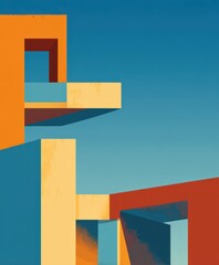 Fototapeta premium Abstract Architectural Geometry: A striking composition of abstract architectural elements in bold geometric shapes and vibrant colors, set against a clear blue sky.