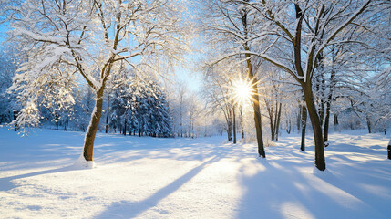 Obraz premium Serene winter landscape featuring snow covered trees and sunlight filtering through branches, creating peaceful atmosphere