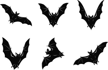Six black bat silhouettes in various flying poses with outstretched wings and fangs, spooky Halloween vector illustration isolated on white background