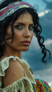 A captivating woman, a nomad, stares back at the camera. The female is dressed in colorful attire. She could be described as Romani or Gypsy, a traveler, drifter, or rambler