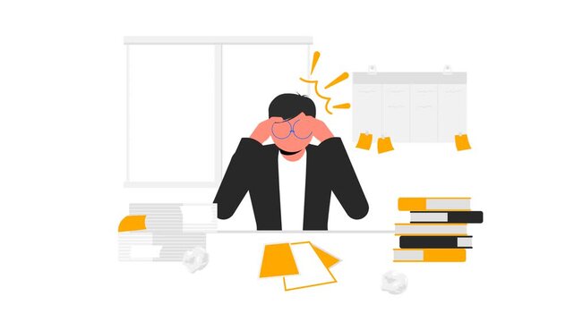 Animated of a man on a working desk with pile of paperwork. A lot of work flat illustration concept. Employee exhausted at work