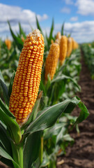 Obraz premium Cornfield with tall plants and ripe kernels under a blue sky