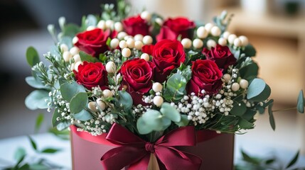 bouquet of red roses in a box
