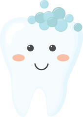 Smiling tooth with soap bubbles isolated on white background. Cute oral care character 