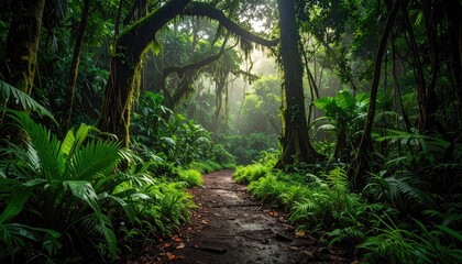 Obraz premium Lush Green Forest Path with Sunlight Filtering Through Canopy Morning Light Moss Covered Trees Ferns And Dense Foliage Serene Nature Scenery Tropical Environment