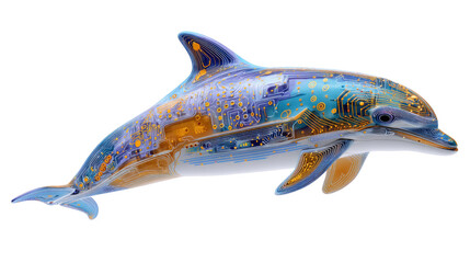 Enchanting Dolphin Artwork: This vibrant dolphin artwork showcasing an array of blue, gold, and aqua hues, reflecting a dynamic marine life composition and captivating aesthetic. 