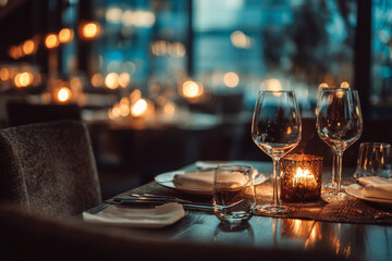 A beautifully set dining table featuring elegant glassware, neatly arranged plates, and soft candlelight. Romantic dining. Generative AI image