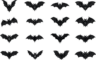 Sixteen unique bat silhouette vector designs with spooky wings and fangs for Halloween decoration, gothic art, nocturnal animal themes, seasonal projects