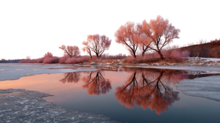 Winter Landscape Reflection: A serene winter landscape featuring snow-covered trees mirrored in calm water. The scene captures the stillness and ethereal beauty of a cold winter's day.
