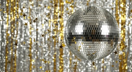 Disco Ball Hanging Against Sparkling Background.