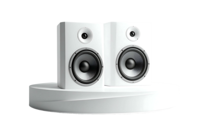Two sleek, white bookshelf speakers rest on a matching circular base, showcasing a modern audio design with prominent woofers and tweeters