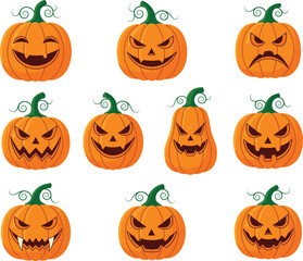 Halloween vector illustration set of carved pumpkins with scary, funny, angry, and spooky faces, festive jack-o’-lantern icons collection
